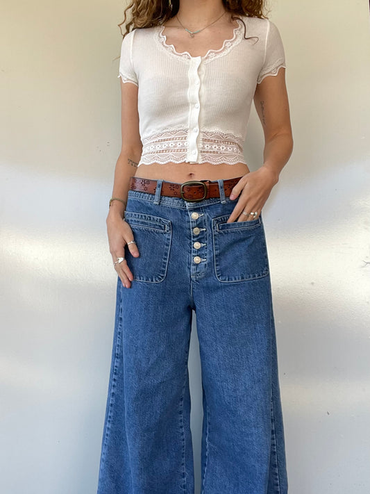 White Lace Button Up Crop Top
